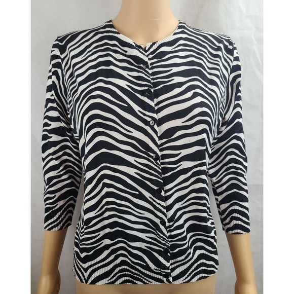 HBA Women's (M) Black & White Zebra 3/4 Sleeve Lightweight Cardigan Sweater - Picture 1 of 11